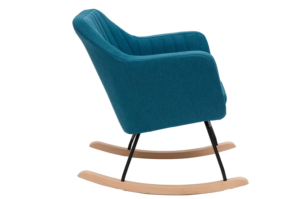 Miliboo Rocking chair scandinave en tissu bleu canard, métal noir et bois clair ALEYNA