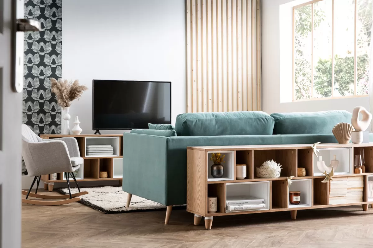 Miliboo Rocking chair scandinave en tissu bleu canard, métal noir et bois clair ALEYNA