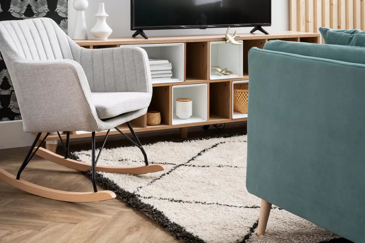 Miliboo Rocking chair scandinave en tissu bleu canard, métal noir et bois clair ALEYNA