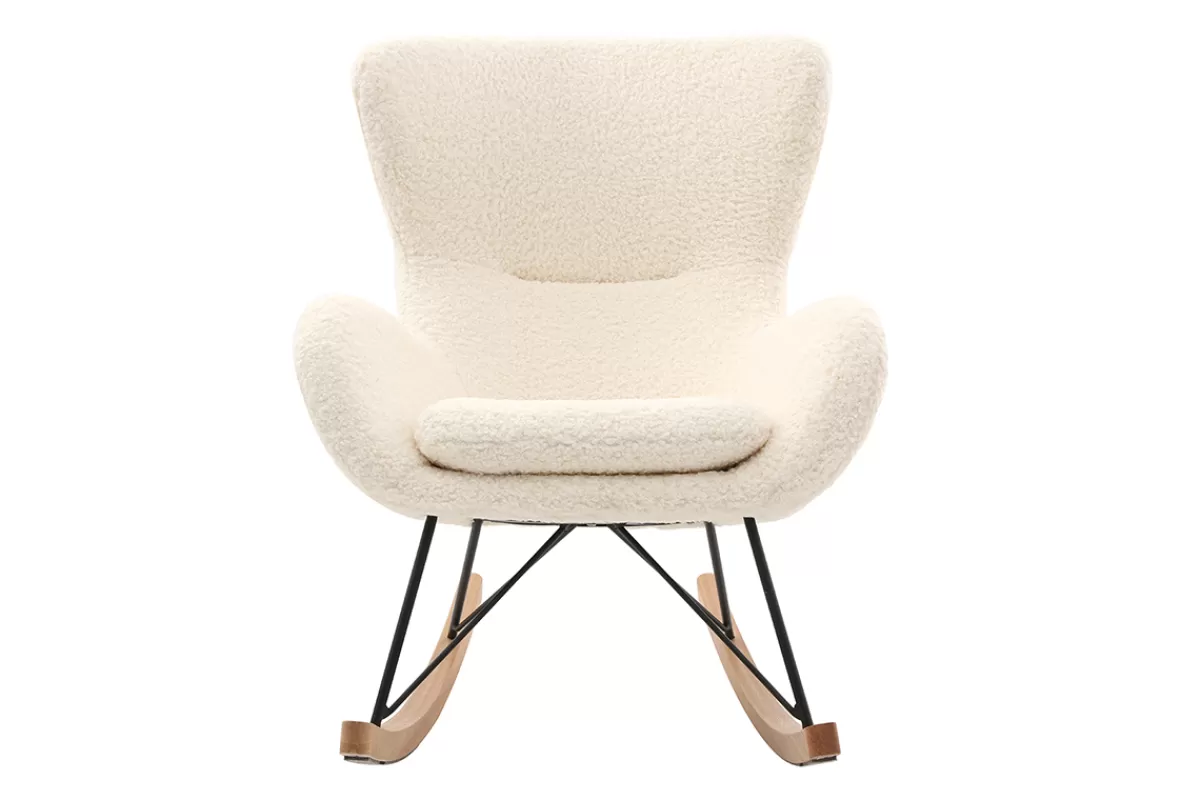 Miliboo Rocking chair scandinave en tissu effet peau de mouton blanc, métal noir et bois clair ESKUA