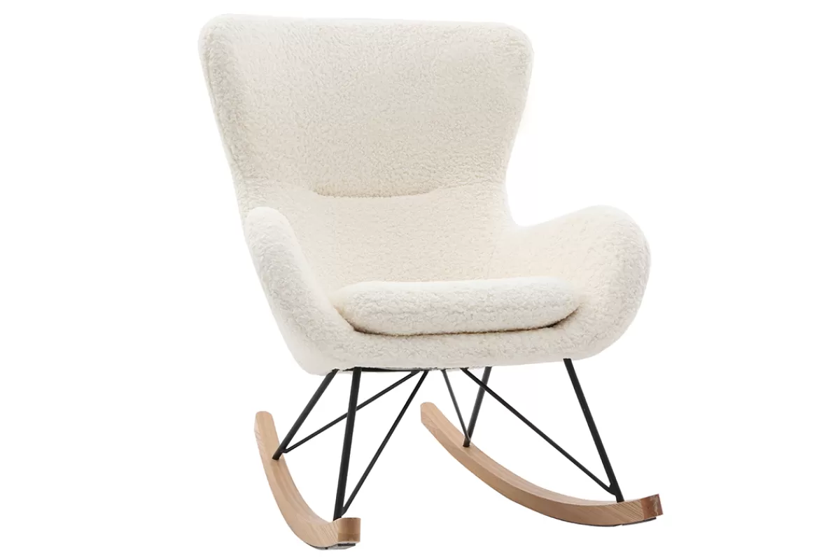 Miliboo Rocking chair scandinave en tissu effet peau de mouton blanc, métal noir et bois clair ESKUA