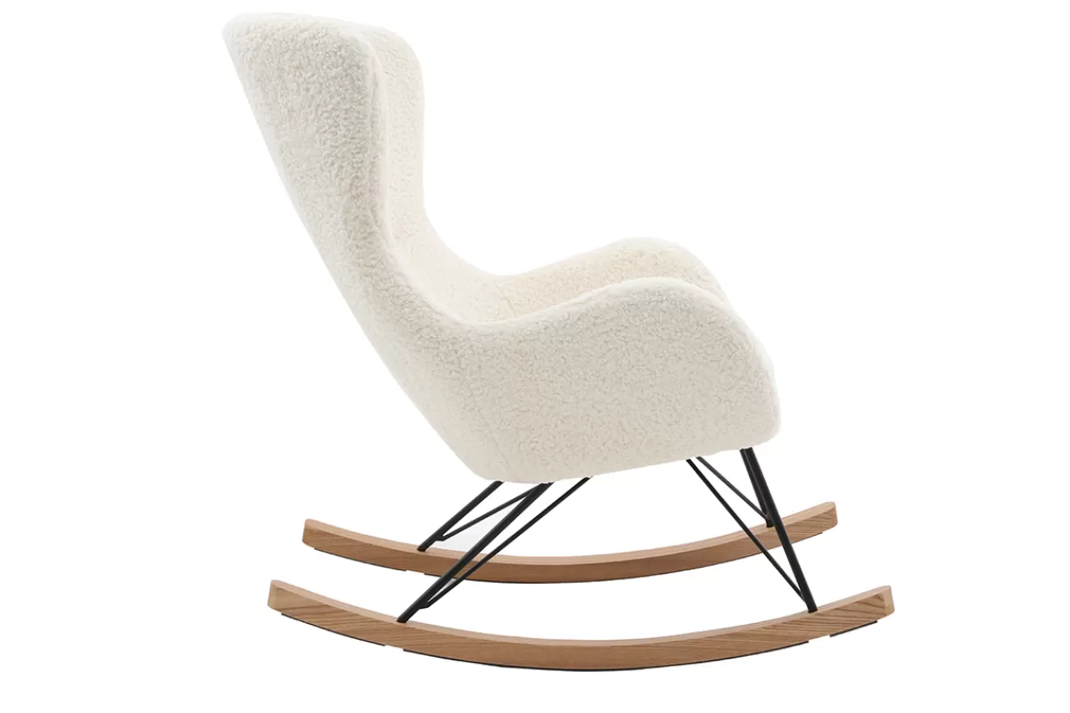 Miliboo Rocking chair scandinave en tissu effet peau de mouton blanc, métal noir et bois clair ESKUA