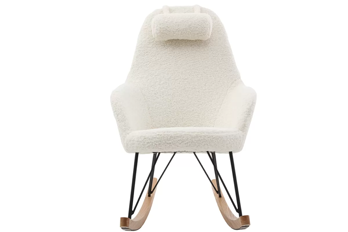 Miliboo Rocking chair scandinave en tissu effet peau de mouton blanc, métal noir et bois clair JHENE