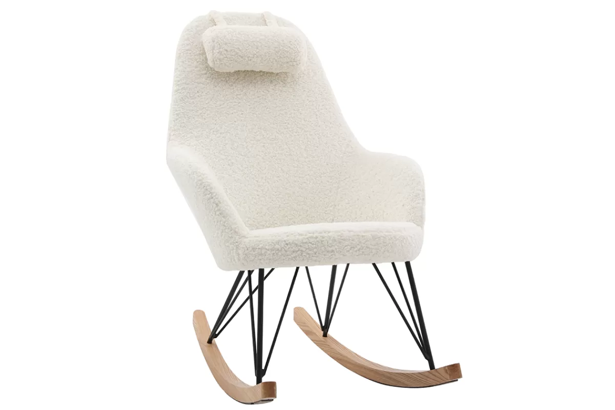Miliboo Rocking chair scandinave en tissu effet peau de mouton blanc, métal noir et bois clair JHENE