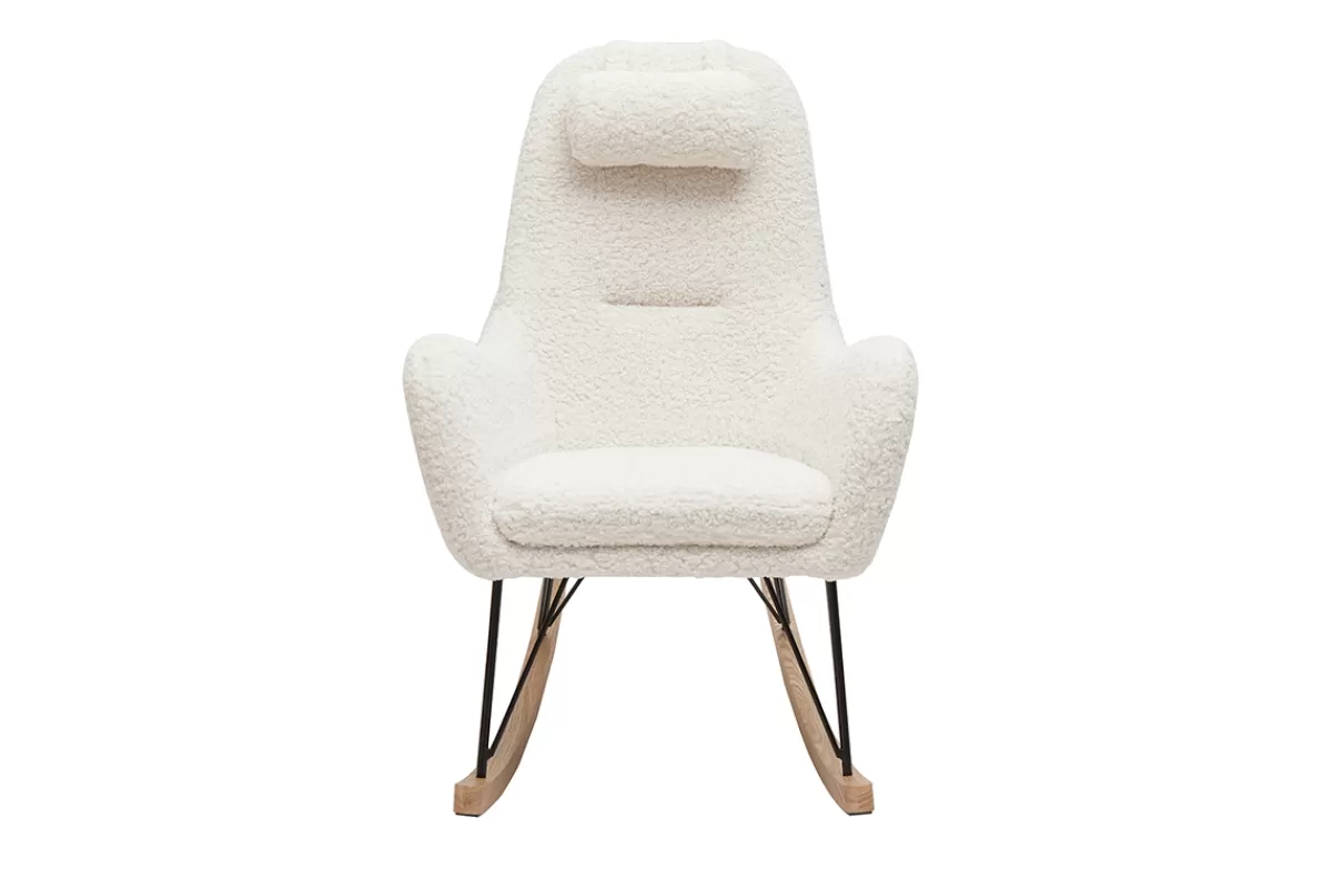 Miliboo Rocking chair scandinave en tissu effet peau de mouton blanc, métal noir et bois clair MANIA