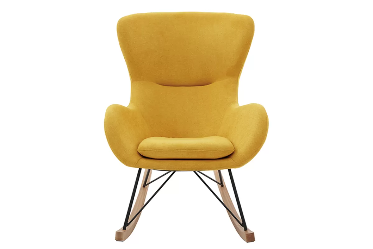 Miliboo Rocking chair scandinave en tissu effet velours jaune moutarde, métal noir et bois clair ESKUA