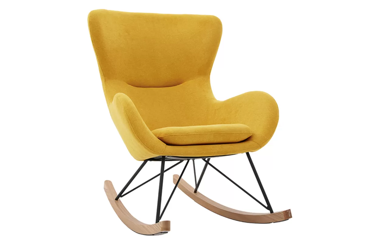 Miliboo Rocking chair scandinave en tissu effet velours jaune moutarde, métal noir et bois clair ESKUA