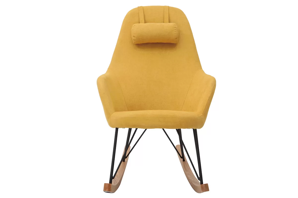 Miliboo Rocking chair scandinave en tissu effet velours jaune moutarde, métal noir et bois clair JHENE