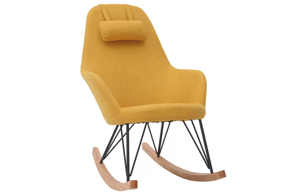 Miliboo Rocking chair scandinave en tissu effet velours jaune moutarde, métal noir et bois clair JHENE