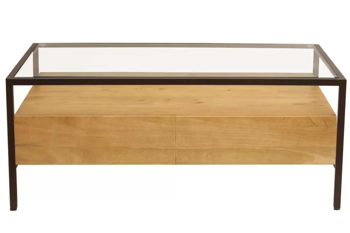 Miliboo Table basse rectangulaire avec rangements en bois manguier massif, verre et métal noir L100 cm SITA