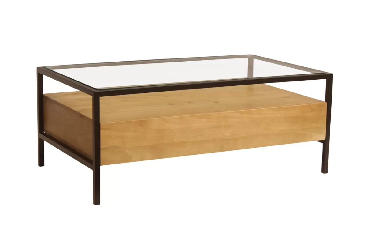 Miliboo Table basse rectangulaire avec rangements en bois manguier massif, verre et métal noir L100 cm SITA