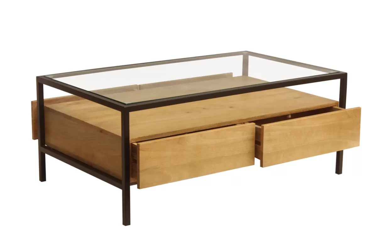 Miliboo Table basse rectangulaire avec rangements en bois manguier massif, verre et métal noir L100 cm SITA