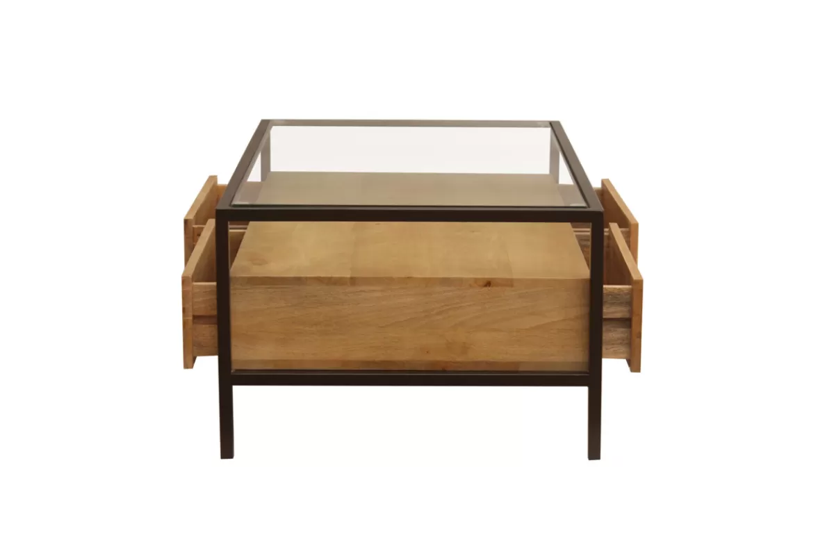 Miliboo Table basse rectangulaire avec rangements en bois manguier massif, verre et métal noir L100 cm SITA