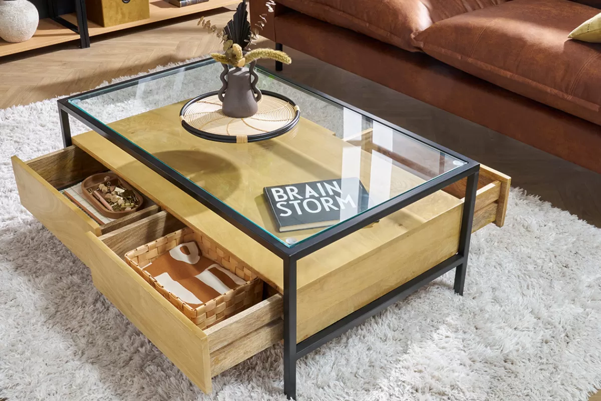 Miliboo Table basse rectangulaire avec rangements en bois manguier massif, verre et métal noir L100 cm SITA