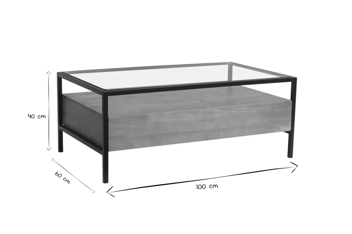 Miliboo Table basse rectangulaire avec rangements en bois manguier massif, verre et métal noir L100 cm SITA