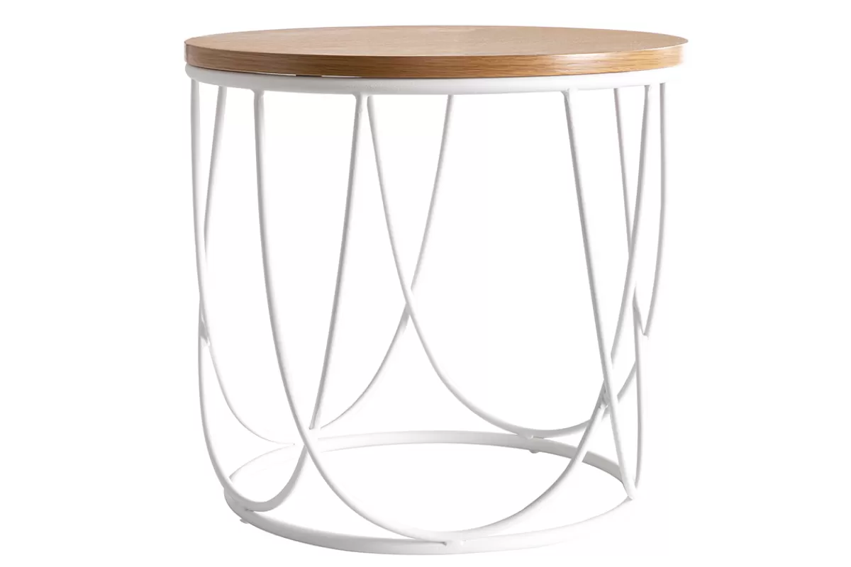 Miliboo Table d'appoint ronde bois clair chêne et métal blanc D42 cm LACE