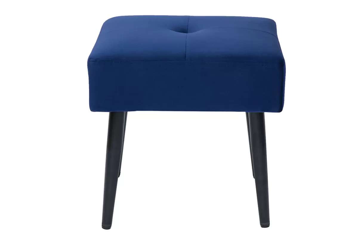 Miliboo Tabouret bas en tissu effet velours texturé bleu nuit et métal noir H46 cm GUESTA