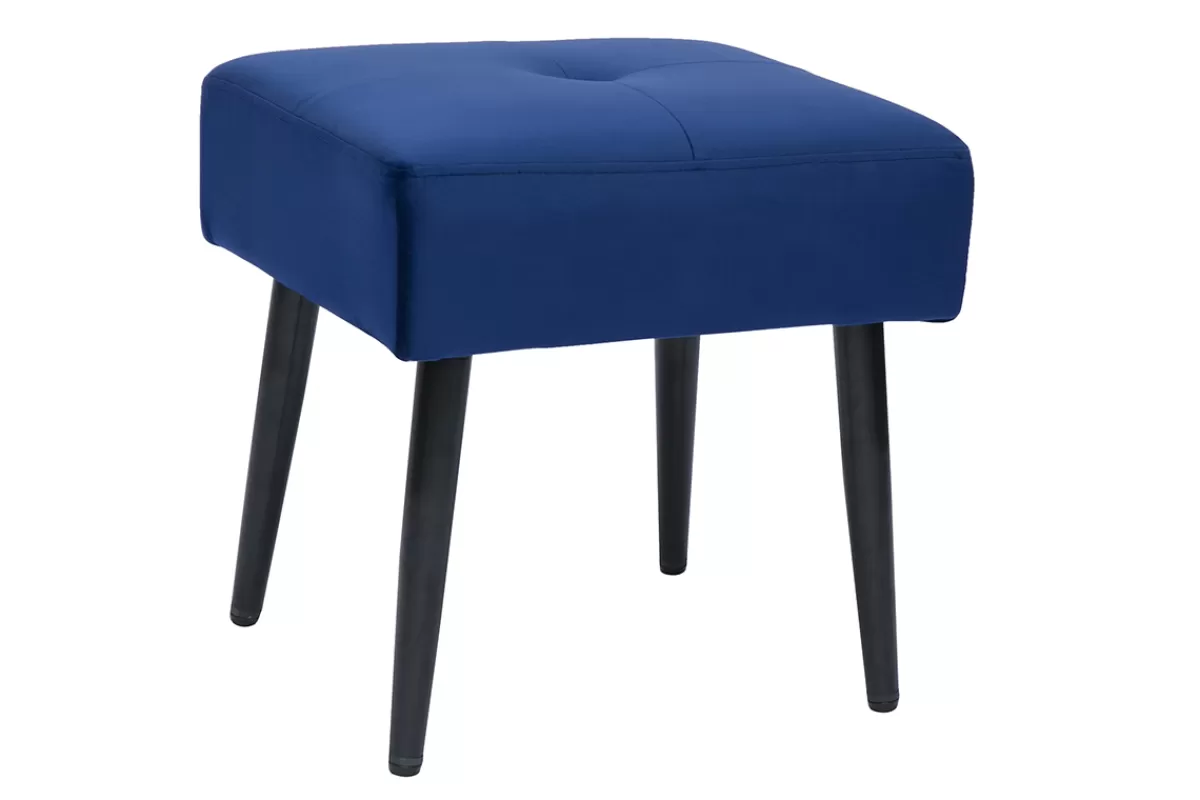 Miliboo Tabouret bas en tissu effet velours texturé bleu nuit et métal noir H46 cm GUESTA