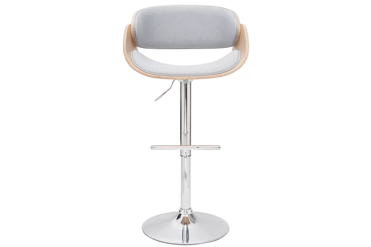 Miliboo Tabouret de bar design réglable en tissu gris clair et bois clair BENT