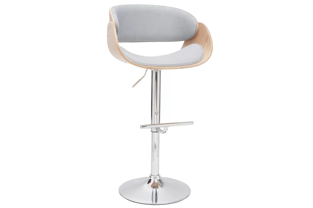 Miliboo Tabouret de bar design réglable en tissu gris clair et bois clair BENT