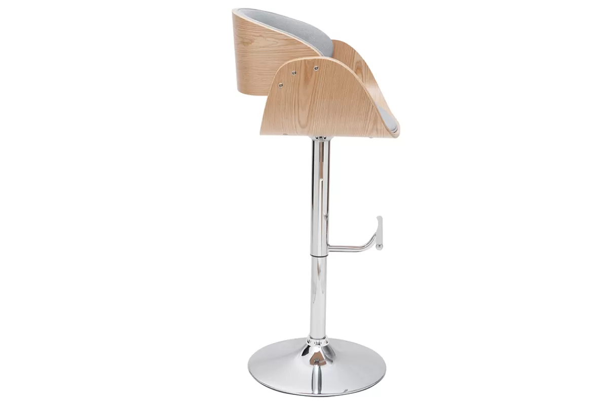 Miliboo Tabouret de bar design réglable en tissu gris clair et bois clair BENT
