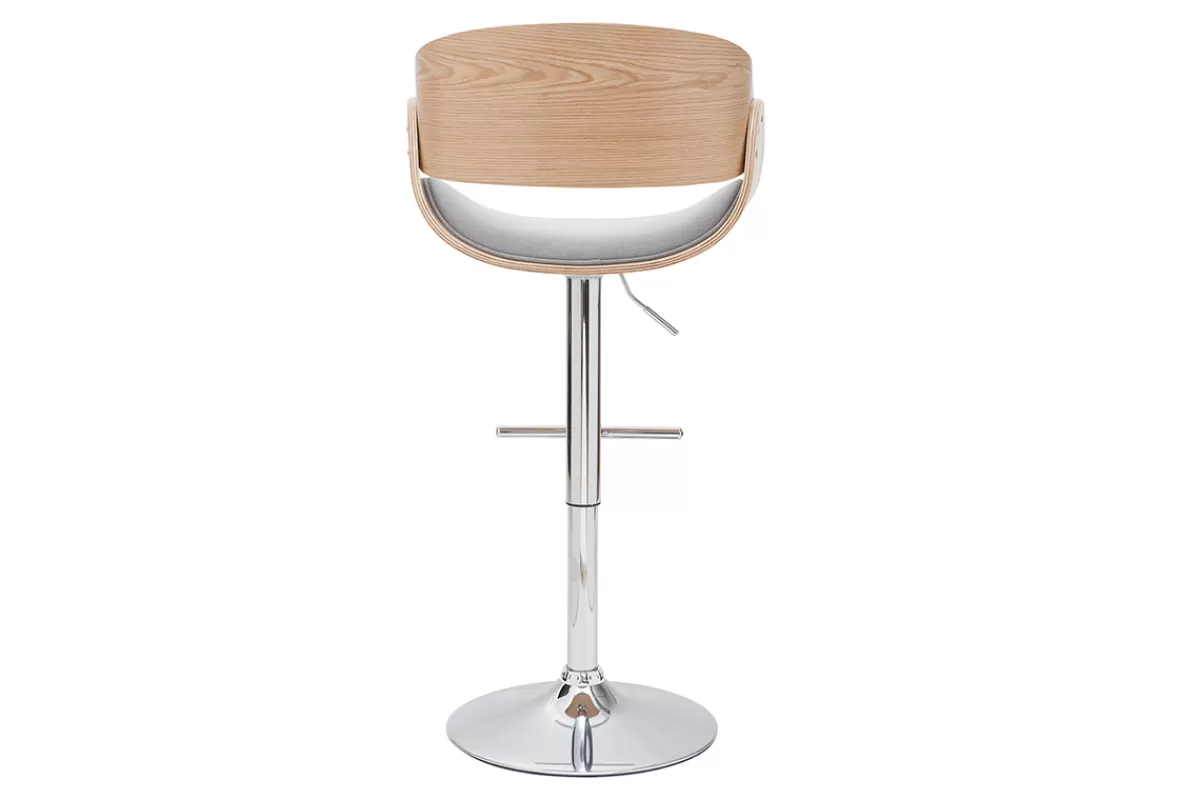 Miliboo Tabouret de bar design réglable en tissu gris clair et bois clair BENT
