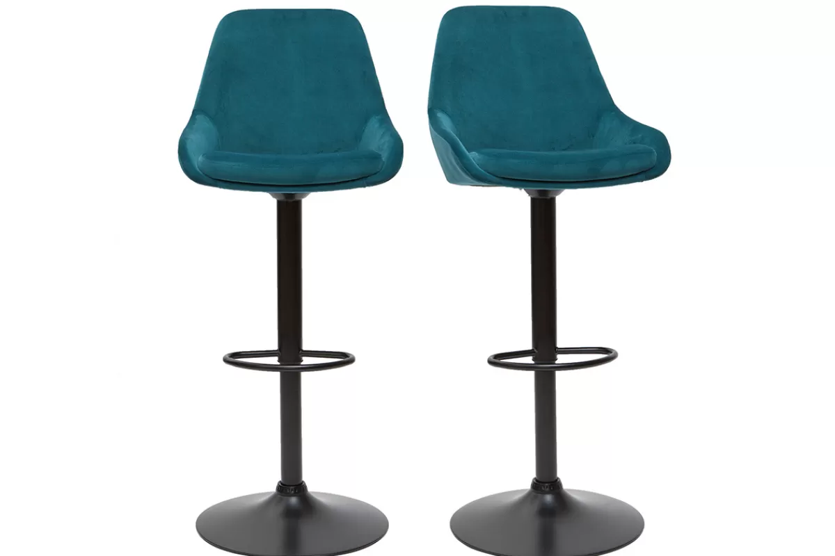Miliboo Tabourets de bar design réglables velours bleu pétrole (lot de 2) HOLO
