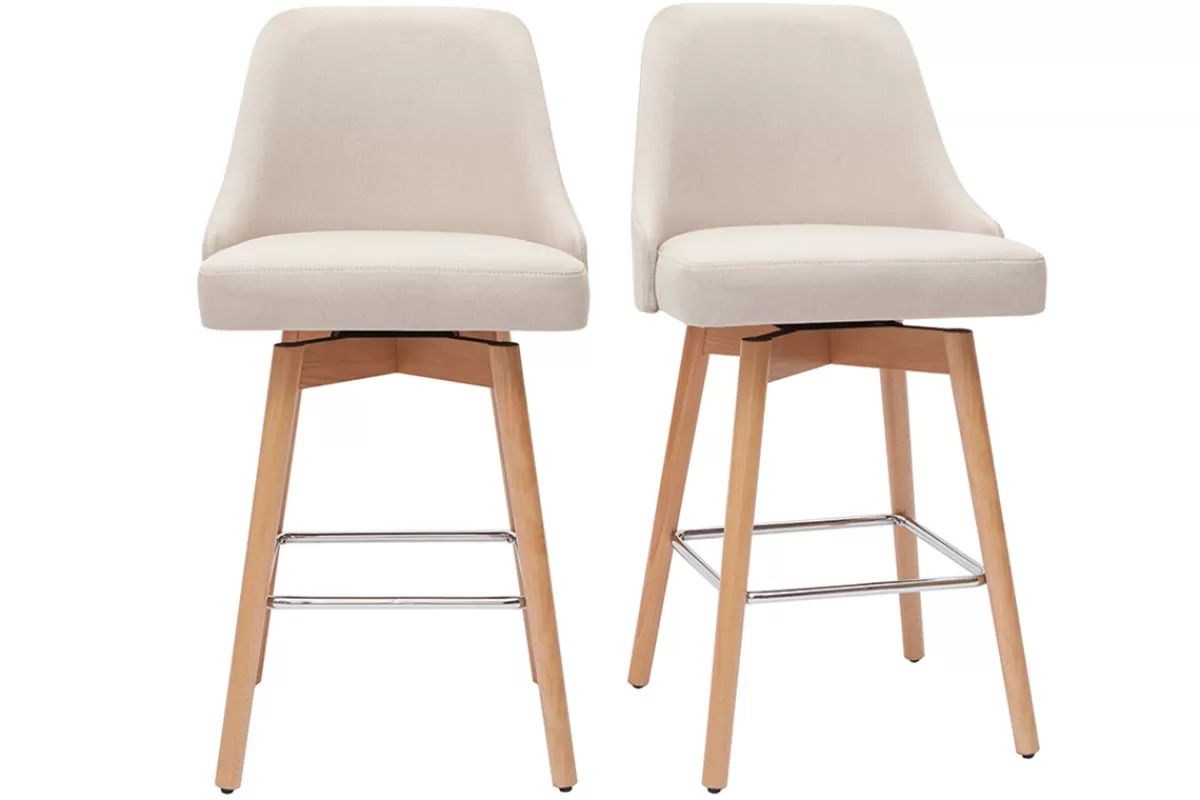 Miliboo Tabourets de bar scandinaves en tissu beige et bois hêtre massif H65 cm (lot de 2) HASTA