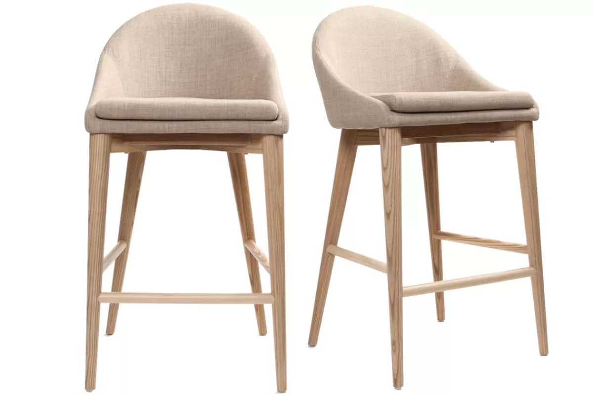 Miliboo Tabourets de bar scandinaves en tissu beige et frêne massif H66 cm (lot de 2) DALIA
