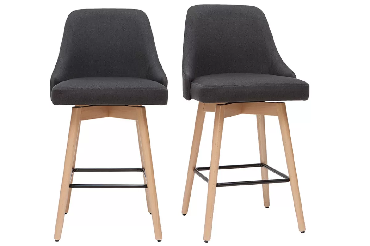 Miliboo Tabourets de bar scandinaves en tissu gris foncé et bois hêtre massif H65 cm (lot de 2) HASTA