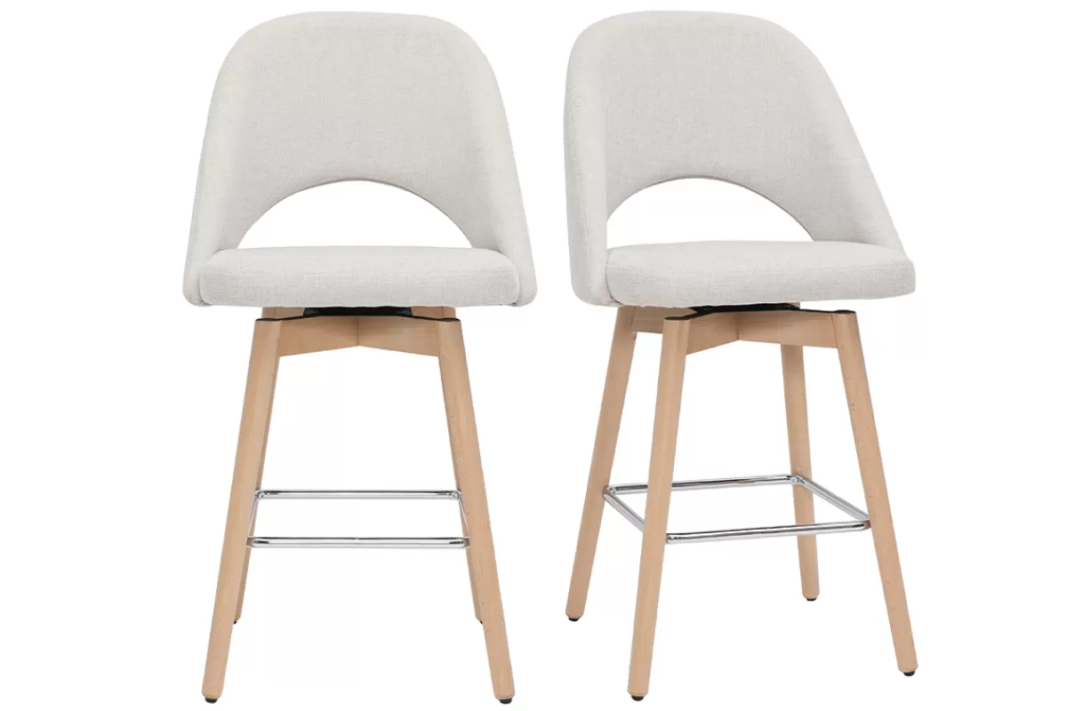 Miliboo Tabourets de bar scandinaves tissu effet velours texturé beige et hévéa massif 65 cm (lot de 2) COSETTE