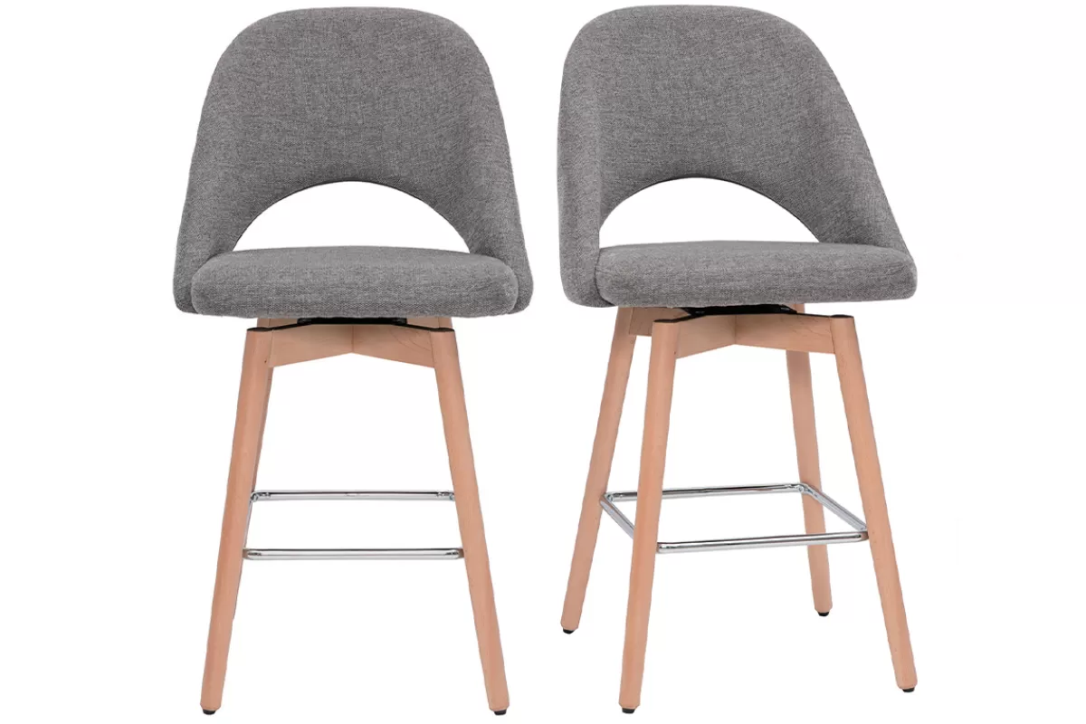 Miliboo Tabourets de bar scandinaves tissu effet velours texturé gris et hévéa massif 65 cm (lot de 2) COSETTE