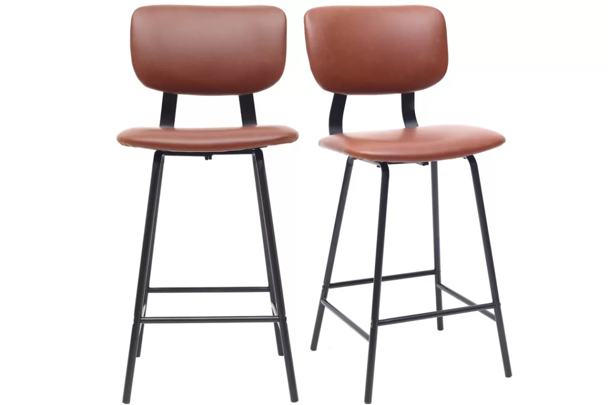 Miliboo Tabourets de bar vintage marron clair avec pieds métal 65 cm (lot de 2) LAB